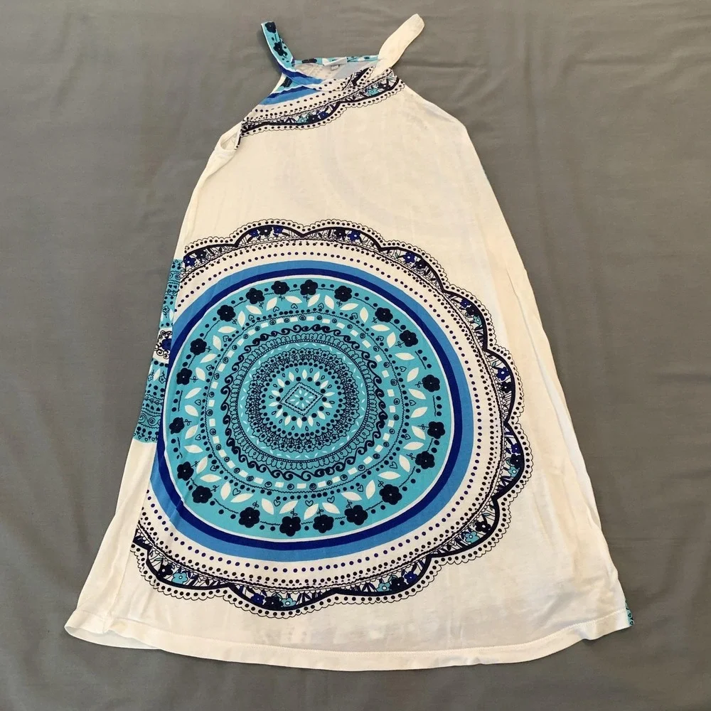 LASCANA Dress Womens 36 White Blue Halter Swing Sundress Geometric Print Cute